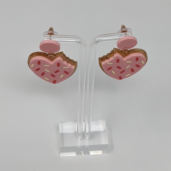 Valentine's Day Pink Cookie with Bite Taken Out Acrylic Drop Earrings - Picture 4 of 6